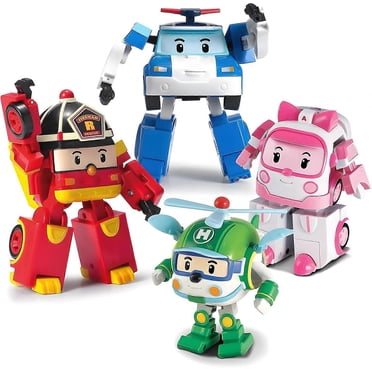 SBSG Robocar Poli Lot de 4 Poli + Amber + Roy + Helly Jouets Robots Transformables, 10 cm Transformable