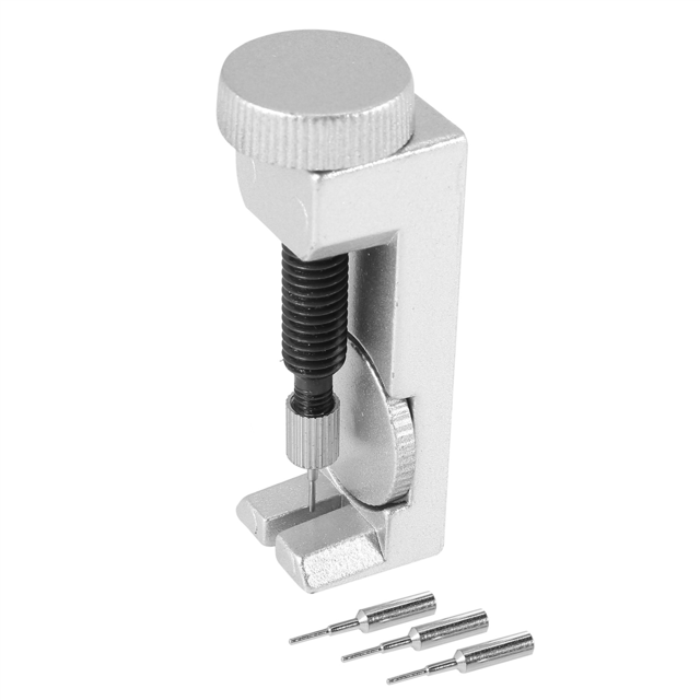 Ensemble de 18 Pcs pour Retirer les Maillons de Bracelet de Montre, Outil de Réparation de Bande de Montre. l'Image Montre un Retire-Maillons de Bracelet en Acier Carbone Argenté avec Conception Antidérapante, Doté d'Un Mécanisme à Vis et de Trois Picots Amovibles et Remplaçables. Convient au Remplacement de Bracelet de Montre, à la Réparation de Montre et à la Fabrication de Bijoux. Compact et durable pour une Utilisation à Long Terme.
