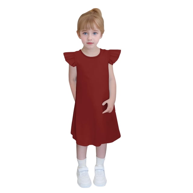 Yanlir Robe de Fête pour Tout-Petites Filles 4-14 Ans Enfants Douce et Confortable Manches à Volants Couleur Unie Col Ras du Cou Robe d'Été pour Tenues de Princesse (Rouge, 5 Ans)