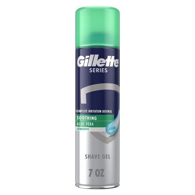 Gillette Series Soothing Shaving Gel for Men in a 7 oz silver and navy can with a green cap, formulated with aloe vera to soothe sensitive skin and provide complete irritation defense against cuts, redness, and burning during shaving.