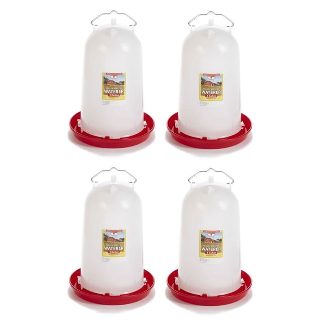 Little Giant 3-Gallon Heavy-Duty Plastic Gravity Fed Poultry Waterer (4 Pack) featuring four transparent plastic waterers with red bases. Each waterer has a built-in handle for portability and a 3-gallon capacity. The red base is designed to attract birds, and the transparent top allows easy monitoring of water levels. Dimensions are 12 inches in diameter and 16 inches high. Suitable for farm animals and easy to clean.