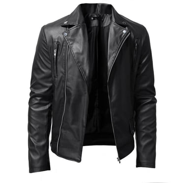 EGNMCR Jackets for Men Men's Leather Jacket Fashion Stand Collar Punk Motorcycle Washed Leather Long Sleeve Hoodless Casual Outwear & Jackets