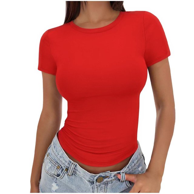 Meichang T-Shirts pour Femmes Coupe Ajustée Couche de Base T-Shirts Manches Courtes Col Rond T-Shirts Couleur Unie T-Shirts Basiques Confortables Légers Hauts d'Été