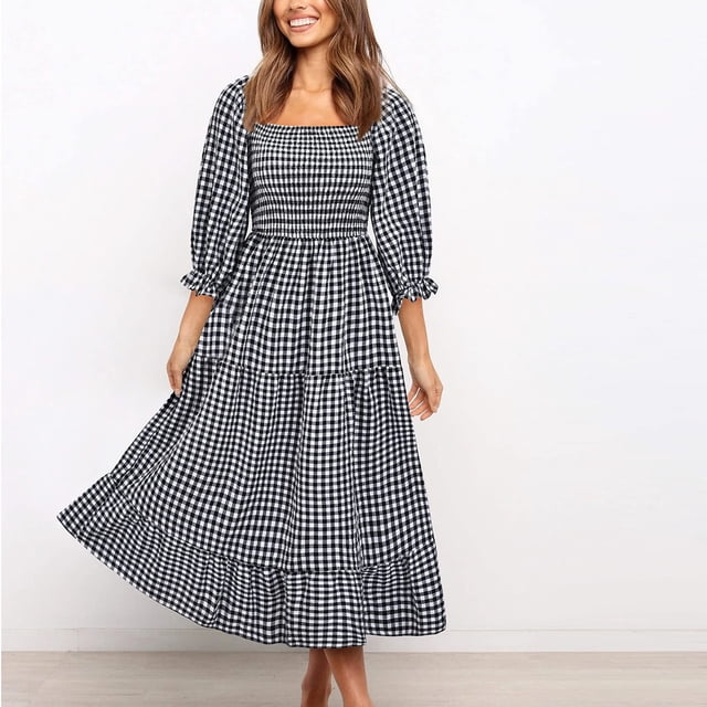 Drppepioner Robe Midi Longue d'Été Décontractée pour Femmes, Bohème, à Manches Bouffantes, Épaules, à Carreaux, à Volants