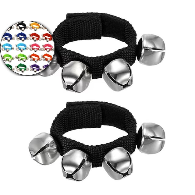 Dvruxg 2 Pcs Clochettes de Poignet, Grelots Clochettes de Cheville Clochettes de Poignet Bracelet Instruments de Percussion Bande Rythmique Musicale 4 Clochettes Argentées pour Fête Noël (Noir)