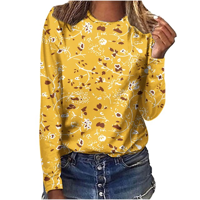 Pompotops Femmes Dames Col Rond Hauts Amples Décontractés T-Shirts Imprimés Blouse à Manches Longues en Solde