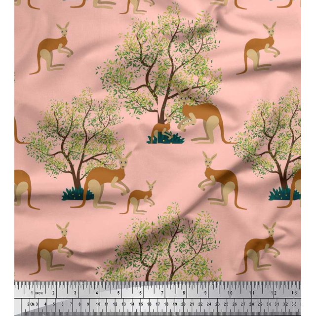 Soimoi Moss Georgette Fabric Tree & Kangaroo Animal Printed Craft Fabric by The Yard 42 Inch Wide