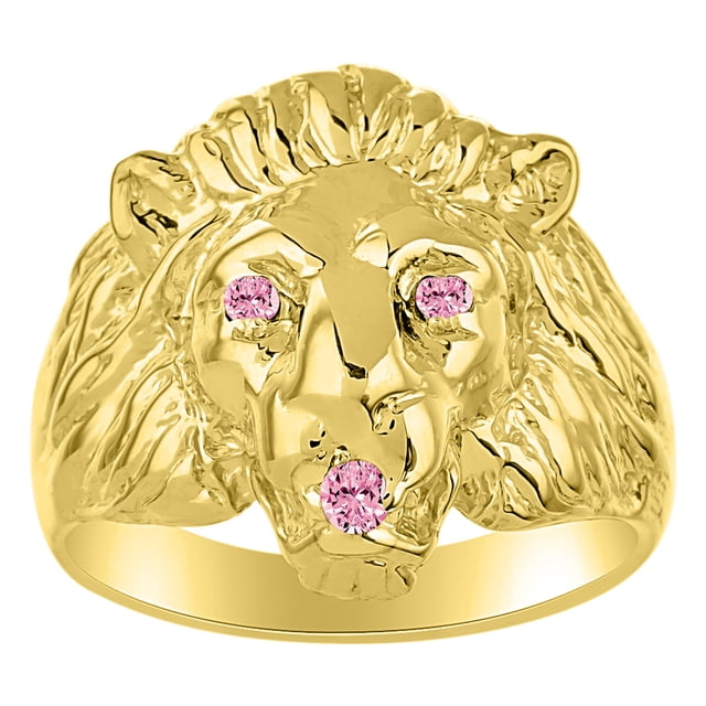 RYLOS Gold Plated Silver Lion Head Ring Color Stone Birthstones Eyes and Mouth Fun Designer Rings Pink Ice Jewelry Size 6