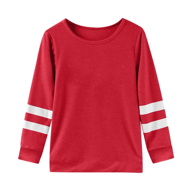 WEIYLL T-Shirts Filles Manches Longues Poignets Col Rond Patchwork Chaud Doux Hauts de Sortie pour 8-9 Ans. un T-shirt Rouge à Manches Longues avec des accents de Rayures Blanches sur les Poignets, Fabriqué en Matériau polyester Doux. Conçu avec un Col Rond, Idéal pour les Sorties Décontractées Ou à Agencer avec des Jupes et des Pantalons. Parfait pour les Hauts pour Filles et les collections de Vêtements pour Enfants.