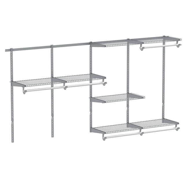 Costway Organisateurs et Système de Rangement de Garde-Robe Mural de 4 à 8 Pi avec Tringle Grise. Ce Système de Garde-Robe Ajustable Comprend 7 Tablettes de Rangement et 5 Tringles, Offrant 12,5 Pi d'Espace de Suspension et 18 Pi d'Espace d'Étagère. Fabriqué en Métal Robuste Enduit de Poudre, Il Présente un Cadre stable avec des supports Triangulaires pour la Durabilité. Convient aux Murs de 4 à 8 Pi, Il Est Idéal pour les Chambres, Buanderies et Autres Espaces.