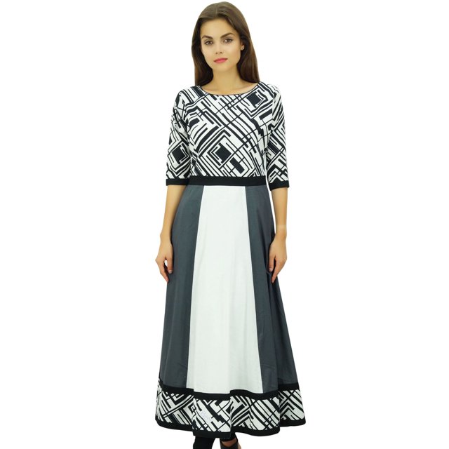 Phagun Kurta Ethnique en Coton Imprimé Designer Gris Anarkali Tunique Kurti Robe-4