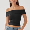thumbnail image 2 of Yuyuzo Going out Tops for Women off Shoulder Tops Short Sleeve Crop Top Solid Color Stretchy Slim Fitted Basic Tees, 2 of 7
