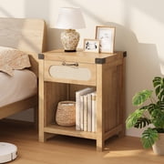 GloryStar Bedside Table with Rattan Design, Farmhouse Night Stand with Storage Drawer and Open Shelf, Boho End Table for Living Room or Bedroom