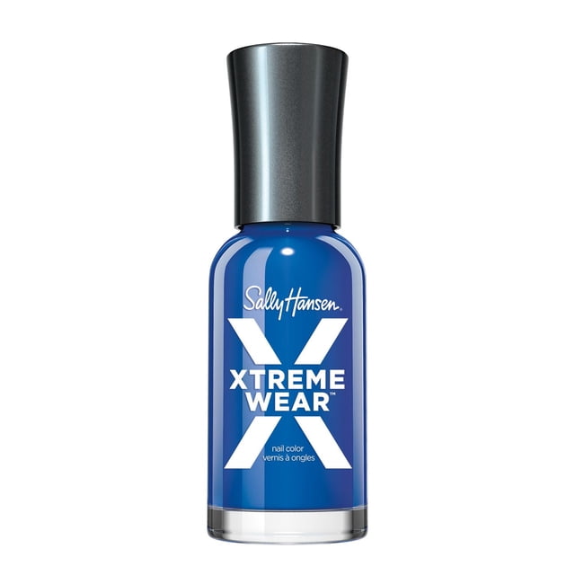 Sally Hansen Xtreme Wear nail color in blue with a black cap, featuring a chip-resistant, fade-resistant, and waterproof formula with micro-shine complex for extreme shine and an easy-grip brush for smooth application, ideal for quick, trendy manicures.