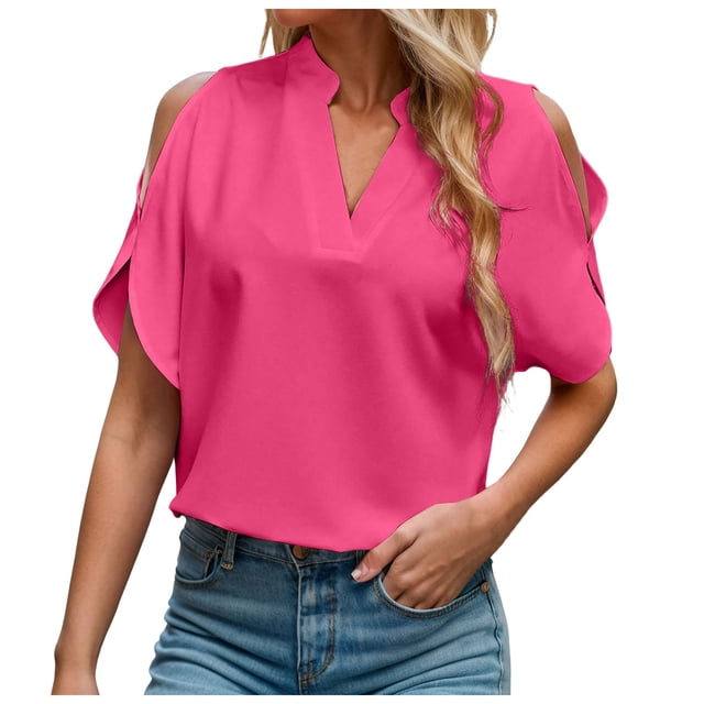 WEIYLL Ladies Summer Tops Solid Color V Neck Sleeved Off Shoulder Hot Pink Blouse Sizes M