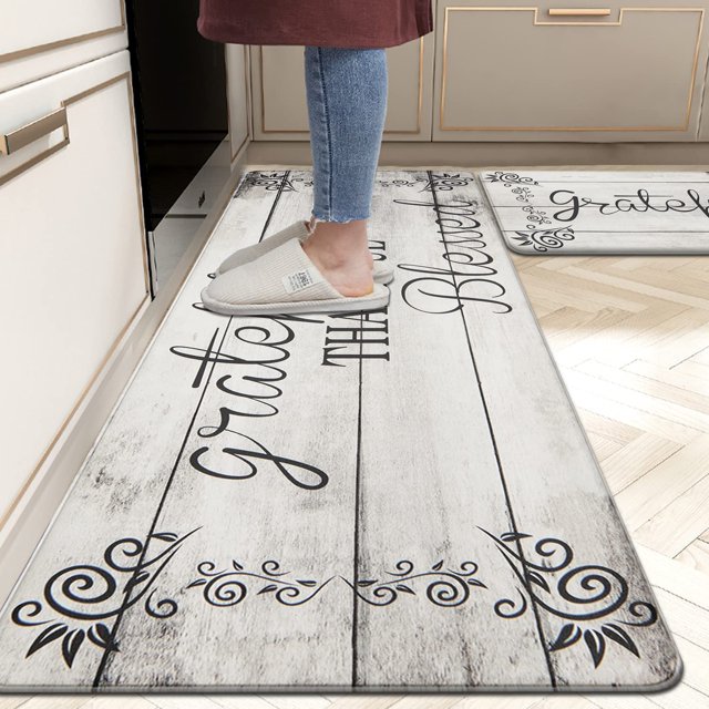 MeyJey Kitchen Rug Set of 2, Anti Fatigue Kitchen Mat 2 Pieces, Non Skid Waterproof Cushioned Floor Mat and Runner Rug, 17"x28"x0.5"+17"x59"x0.5", Off-White