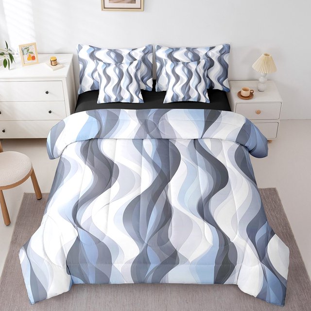 Erosebridal Modern Abstract Bedding Full Size, Stripes Wave Bed in a Bag Full size, Chic Geometric Reversible Bed Set, Breathable Room Decoration, 7pcs