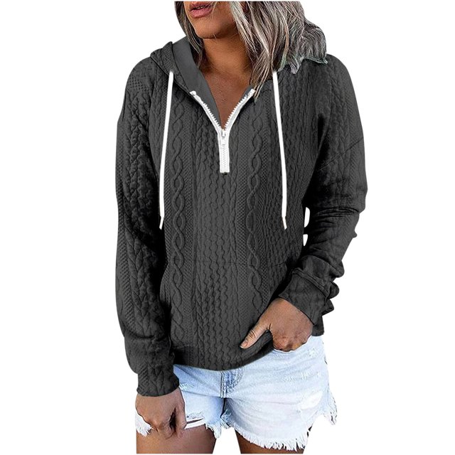 Besolor Womens Fall Fashion Quarter Zip Hoodies Sweatshirts Casual Long Sleeve Solid Color V Neck Drawstring Pullover Tops
