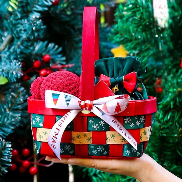 Christmas Gift Basket - Wooden Handled Candy Box for Holiday Treats, Chocolates, Biscuits - Festive Packaging for Family Gatherings, Parties, and Gift Giving