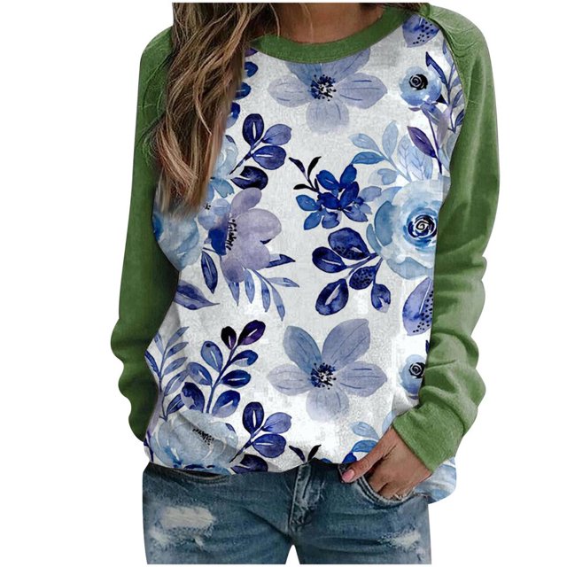 Sweat-shirts à Col Rond pour Femmes Pull-Over Décontracté Imprimé Floral Ample Sweat-Shirt Doux Automne Vêtements de Mode