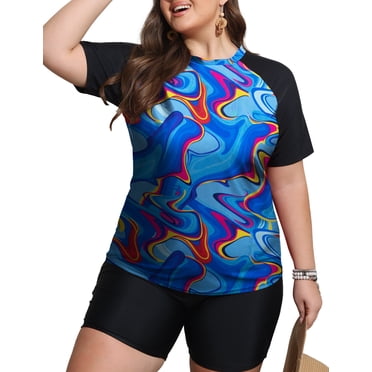 FOLUNSI Womens Plus Swimsuits 2 Piece Rash Guard Raglan Short Sleeve with Boyshorts Surfing Swimwear 0X-5X