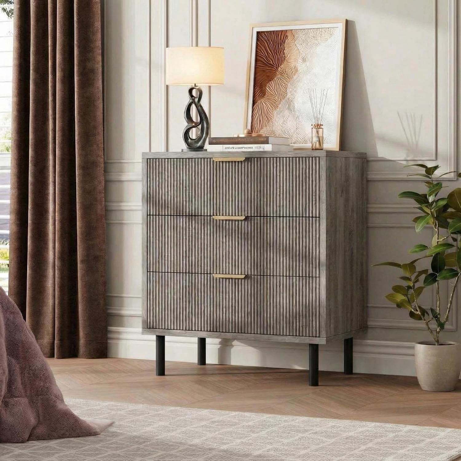Gray Fluted 3 Drawers Dresser, Wide Wood Chest of Drawers, Modern Storage Dresser Chest of Drawers Organizer with Metal Legs and Anti-Tipping Device for Bedroom Living Room