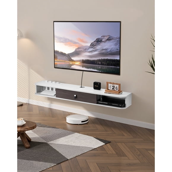 VEVOR Meuble Télé Flottant 55 Po Centre de Divertissement Alimentation avec Trou pour Câble Blanc