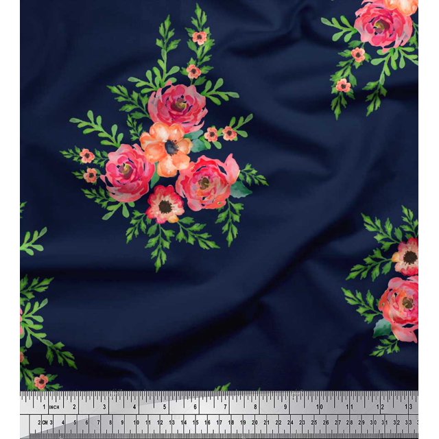 Soimoi Blue polyester Crepe Fabric Flower Floral Fabric Prints By Yard 52 Inch Wide