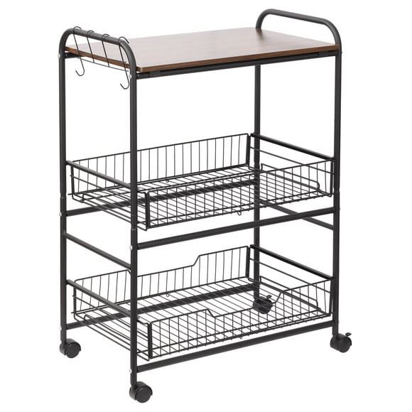 HOMCOM Chariot de Cuisine Roulant à 3 Niveaux avec 2 Paniers Coulissants et Crochets Latéraux