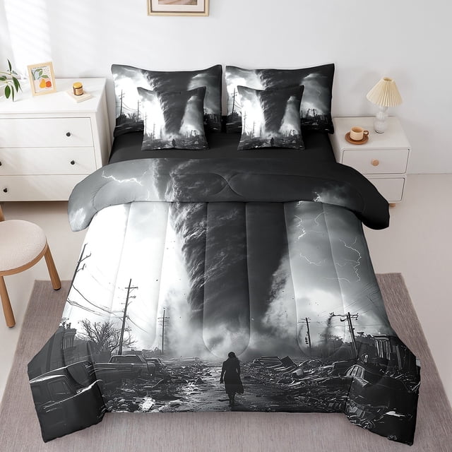 7Pcs Nature Tornado Comforter Set Village Pattern Bedding Set Tornado Lightning Bed Sheets Set Cyclone Natural Disaster Theme Bed Set With 2 Pillowcases & 2 Throw Pillow Covers, King
