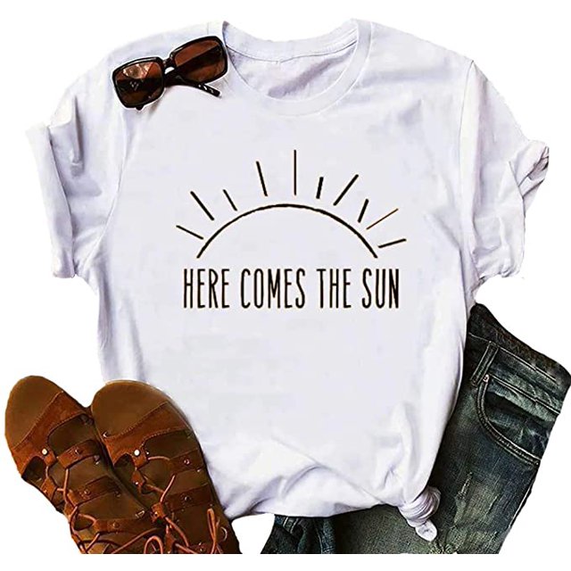 YourTops T-Shirt pour Femmes HERE Comes The Sun (US 2TG, 2-White)