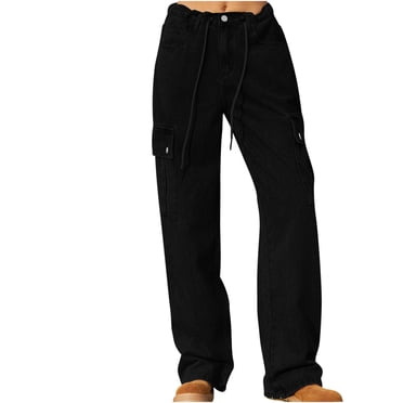 Bigersell Straight Jeans Women Wide Leg Jeans Sale Black Skinny Jeans Ladies Trouser Denim Pants Button Closure Distressed Trouser Jeans Female Fitted High Waist Cropped Pants Style J-171 Black L