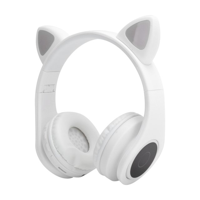 Led Noise Reduction Stereo Over Ear Headphones Cat Ear Shape 3.5 Mm Plug, featuring a white ABS material design with cat ear accents and LED light details. These headphones include a built-in microphone, support memory cards, and offer stereo surround sound with noise reduction. They have a 400mAh battery, a 20-meter effective range, and up to 10 hours of playtime. Suitable for children and adults, the package includes a 3.5mm plug, USB cable, and manual.
