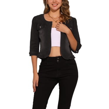 INSPIRE CHIC Vestes en Jean en Denim Raccourcies Sans Col à Manches 3/4 pour Femmes Noir TP