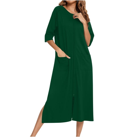 Sakmal Green Moo Moo Nightgown for Women Long Comfy Full Zip Mumu Dress Solid Long Sleeve Nightgowns with Pockets