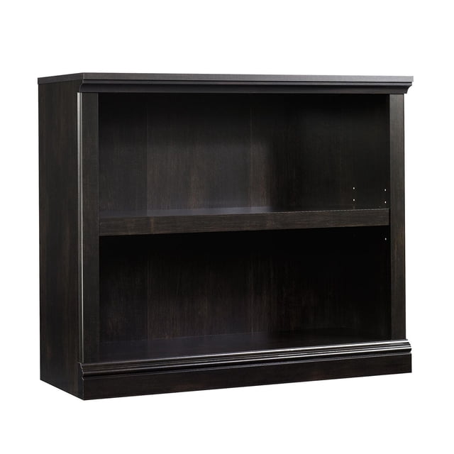Sauder Select 2-Shelf Bookcase in a dark wood finish, crafted from engineered wood, featuring two spacious shelves with one adjustable shelf for flexible storage. Suitable for organizing books, office supplies, or decorative items in various rooms such as the living room, office, or kitchen. Often used for storing craft supplies or toiletries in bathrooms.