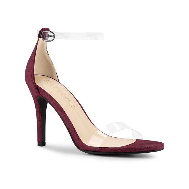 BLISSFUL STEP Women's Clear Ankle Strap Stiletto Heel Sandals Burgundy 6