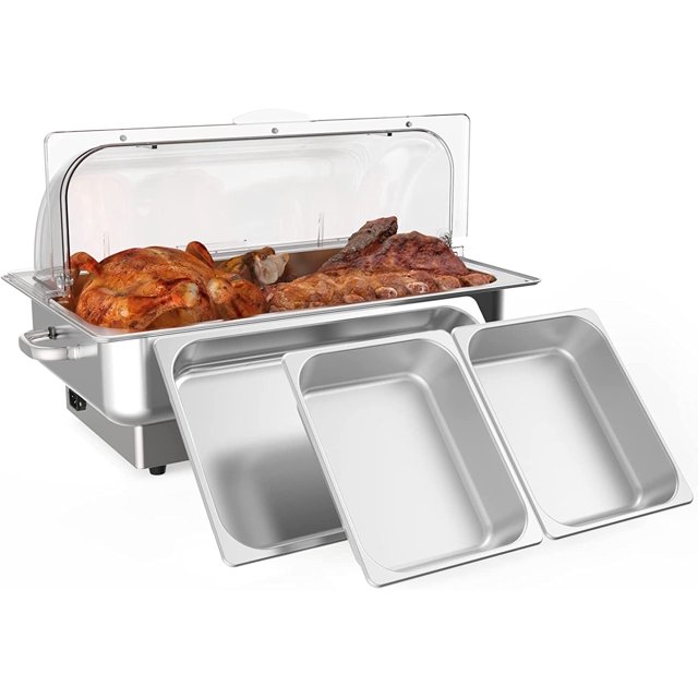 PIONEERWORKS 9 QT Electric Chafing Dish Buffet Set with Temperature Control and Roll Top with 1 Full-Size Pan & 2 Half-Size Pan, Temperature Control Display for Parties, Catering