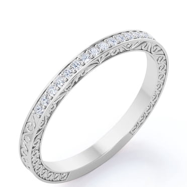 JeenMata Art-Deco Victorian Style 0.25 Carat Round Cut April Birthstone Wedding Band in 18K White Gold Plating over Silver
