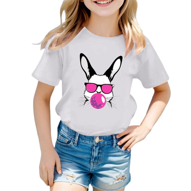 PMVFHDE T-Shirts Graphiques pour Filles Tunique T-Shirt pour Filles Hauts d'Été pour Fille Robe T-Shirt Tendance d'Été pour Filles T-Shirt Imprimé de Pâques pour Fille Col Rond Manches Courtes Blanc, 12-13 Ans