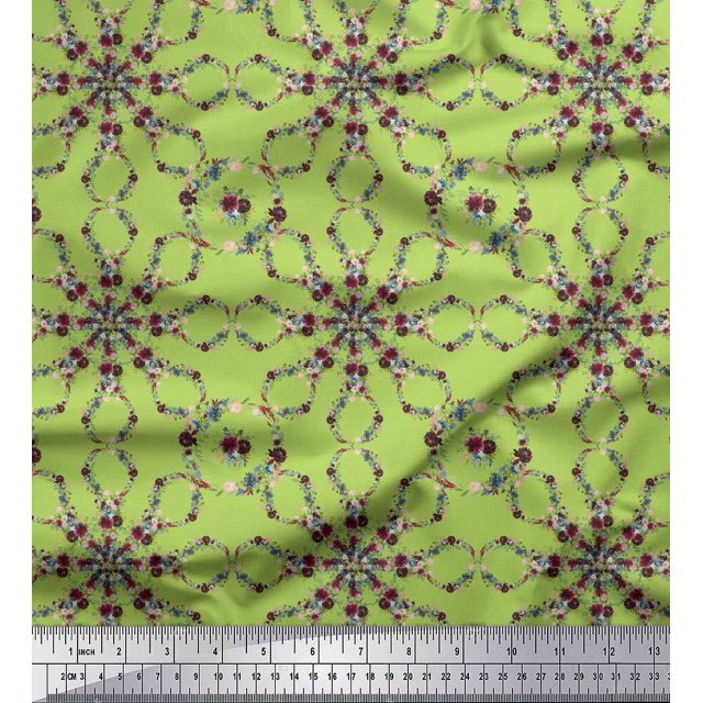 Soimoi Green Poly Georgette Fabric Floral Wreath Geometric Print Sewing Fabric Yard 52 Inch Wide