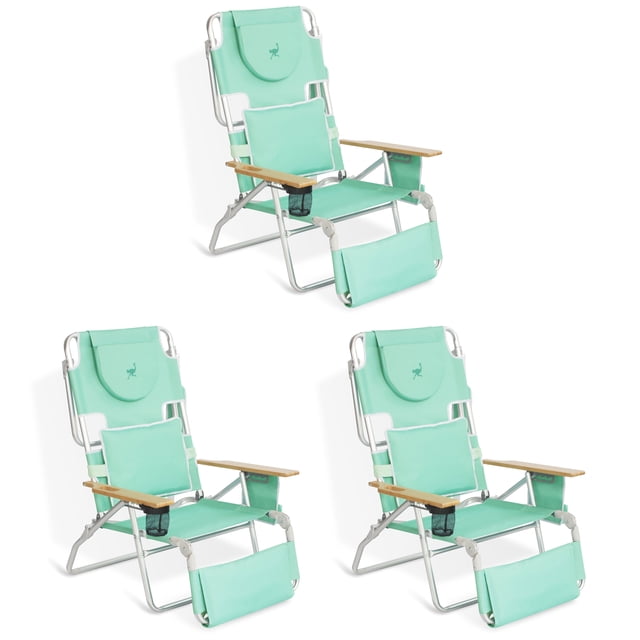 Ostrich de Luxe Chaise de Plage Pliante d'Extérieur 3-en-1 Rembourrée, Sarcelle (Lot de 3)