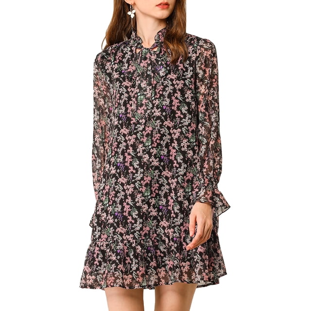 INSPIRE CHIC Robe Droite Décontractée Ample à Volants à Nouer au Cou à Motif Floral pour Femme