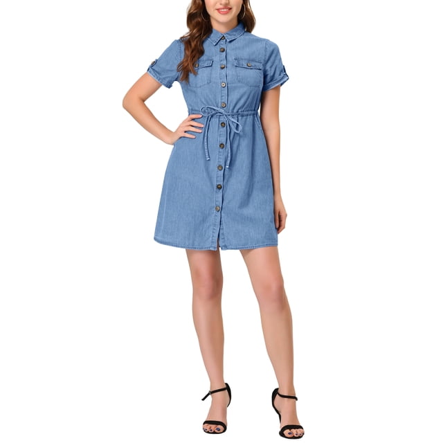 INSPIRE CHIC Robe d'Été Décontractée pour Femme à Boutons devant à Manches Courtes TP Bleu-1