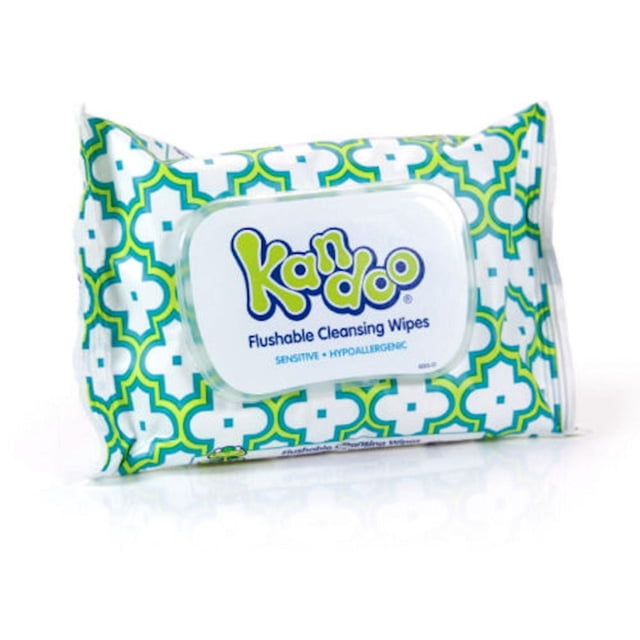 Kandoo Flushable Sensitive Wipes 42's pack with a white flip-top lid on flexible packaging featuring blue and green geometric patterns, biodegradable and hypoallergenic wipes ideal for potty training and sensitive skin care.