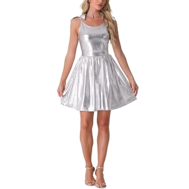 INSPIRE CHIC Spaghetti Straps Dress for Women's Metallic A-Line Sleeveless Club Party Mini Dresses