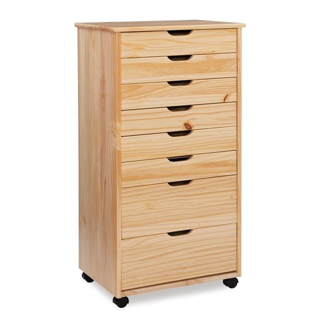 Riverbay Furniture 8-Drawer Transitional Wood Storage Cart w/ Casters in Natural. This storage cart features a natural wood finish with six smaller drawers on top and two deeper drawers at the bottom. It is crafted from 100% elliotis pine with smooth, contoured handle cutouts for a modern look. The cart includes casters for mobility, making it suitable for use in offices, kitchens, or bedrooms. Dimensions: 40.5 inches high, 20.75 inches wide, and 15.35 inches deep. Assembly required.