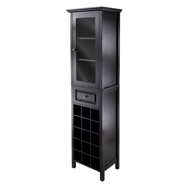Winsome Tour d'Exposition pour Vin Bourgogne, Fini Noir, avec une Armoire à Porte en Verre et Trois Tablettes Fixes, un Tiroir avec Bouton en Métal et une section Inférieure avec 15 Fentes pour Bouteilles de Vin, Convient au Rangement de Meubles de Cuisine et de bar à Manger.