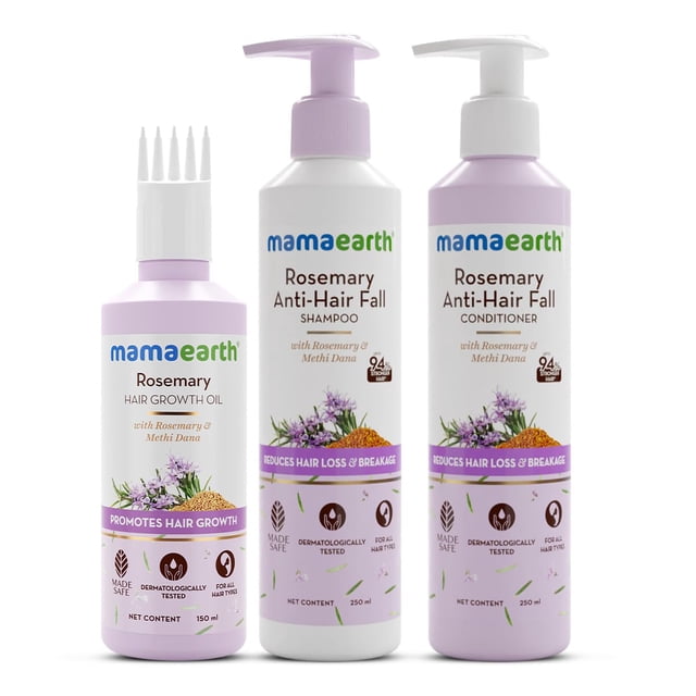 Mamaearth Rosemary Anti Hair Fall Kit, a hair care set including a 250ml shampoo, 250ml conditioner, and 150ml hair growth oil. Formulated with rosemary and methi dana, it reduces hair loss, strengthens hair follicles, and promotes hair growth. Dermatologically tested, made safe certified, and suitable for all hair types.