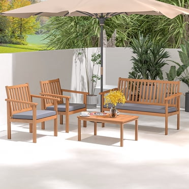 Costway 4 PCS Patio Wood Furniture Set with Loveseat, 2 Chairs & Coffee Table for Porch Grey